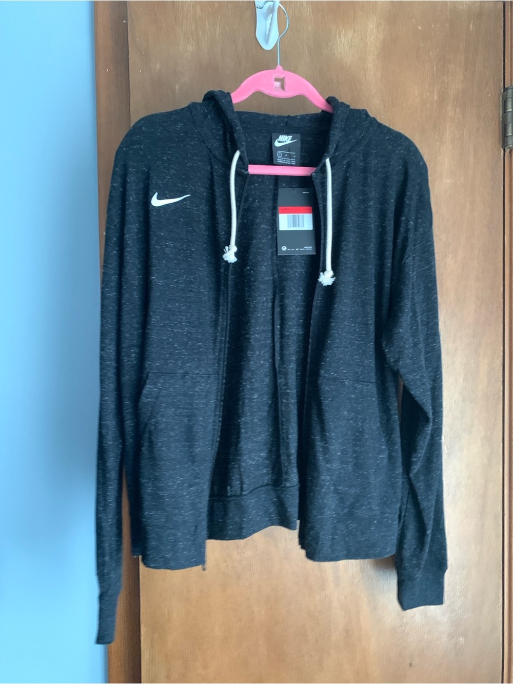 NWT Nike Women’s Dark Heather Black Zip Hoodie with White Swoosh